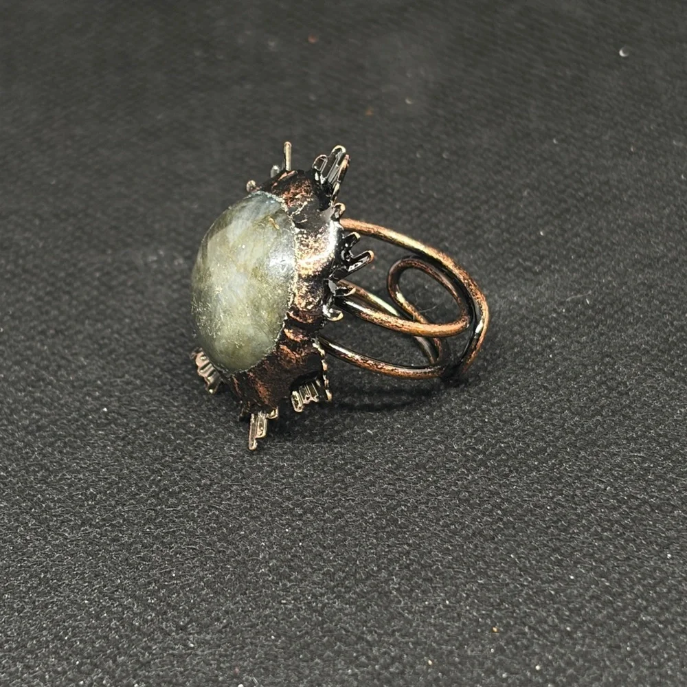 Large Genuine Labradite Sunburst Ring in Antique Brass Adjustable Band - Picture 4 of 10